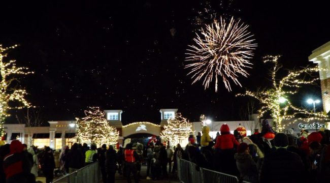 Fireworks at night with crowd watching