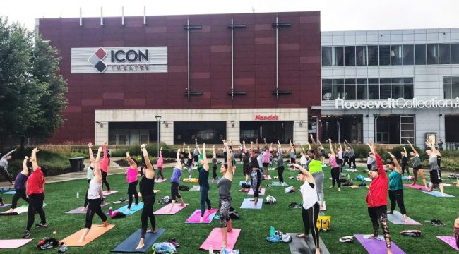 People doing outdoors yoga