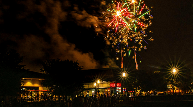 Fireworks at night with crowd watching
