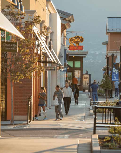 People walking down shopping center street