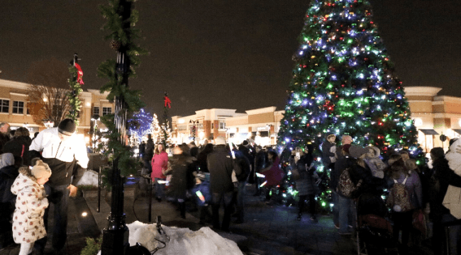 People looking at large outdoor Christmas tree